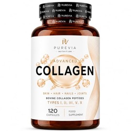 Multi Collagen Capsules (Types I, II, III, V & X) – with Biotin, Hyaluronic Acid & Vitamin C – Skin, Hair, Nails & Joint Support – 120 Capsules | Purevia Nutrition