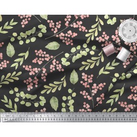 Soimoi Black Cotton Duck Fabric Red Berries & Leaves Print Fabric by metre 42 Inch Wide