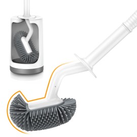 HAMITOR Toilet Bowl Brush Holder Set: Silicone Toilet Cleaner Brush with Curved Design Deep Cleaning Compact Hidden Scrubber for Bathroom Small Space - Modern Rv Toilet Decor Accessories - White