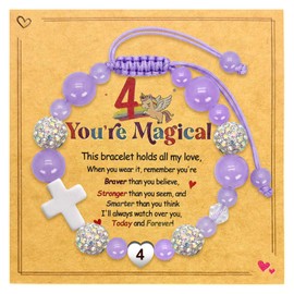 GIGLIM Birthday Bracelet for Girls Ages 4 Pink Braided Bracelet with White Ceramic Cross & Heart Birthday Number Glass Bead Bracelet in Premium Silver Gift Box Adjustable Jewelry