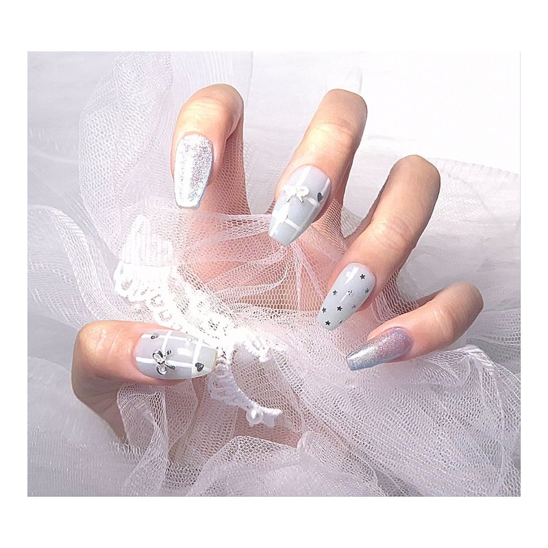 [In-store special discount]Pastel blue ribbon heart point handmade nail tip