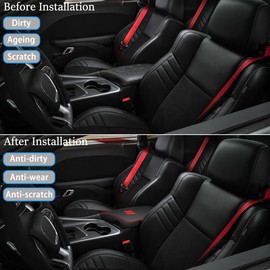 YOFAMO for Dodge Challenger 2015-2023 Car Armrest Cover Waterproof Center Console Pad Covers Scratch Resistance Box Cover Leather Protector Pad Decoration Accessories(Black + Red Stitches)