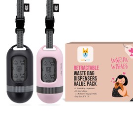 SVD.PET [2-Pack] Retractable Waste Bag Dispensers Gift Set, 2 Pet Waste Bag Holders with 60 large Waste Bags, Dog Walking Accessory Gift Value Pack (Black & Primrose Pink)