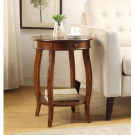 TREATLIFE HOME Walnut Finish Accent Table with Drawer and Open Shelf, Classic Round Design, Elegant Cabriole Legs, Functional Side or Accent Table