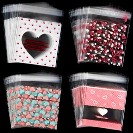 Whaline 400 Pieces Valentine Cellophane Bags Cookie Treat Bags, Heart Self-Adhesive Clear Plastic Candy Bags Party Favor Gifts Goodies Bags, 4 Styles
