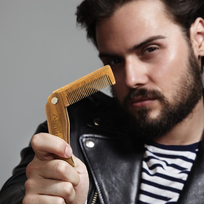 Folding Beard Comb for Men w/Carrying Pouch - All Natural