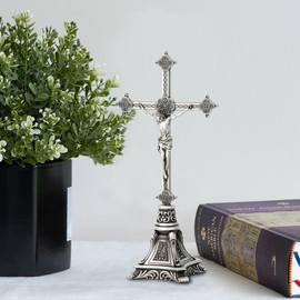 Grace4Joy Vineyard Carvings Standing Crucifix - Hand Carved Catholic Cross with Base Holy Jesus Statue Table Decor Religious Gifts 8 Inch High