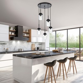 MELUCEE 5-Light Pendant Light Fixtures Ceiling Hanging Cluster Chandelier Black with Clear Glass Shade, Modern Pendant Lighting for Kitchen Island Dining Room Living Room