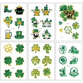 St. Patrick's Day Temporary Tattoo Sticker Set Glittery Green Shamrock & Gold Green Clovers Shamrocks Leprechaun Hats Tattoos for Face & Body, Festive Fake Tattoos for Kids & Women 10 pcs