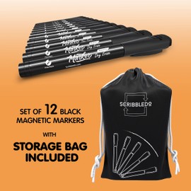 Scribbledo 12 Pack Magnetic Dry Erase Markers Black Fine Tip Whiteboard Markers with Eraser Cap Thin Low Odor Skinny White Board Markers for Adults Students Teachers Kids Art Home School & Office