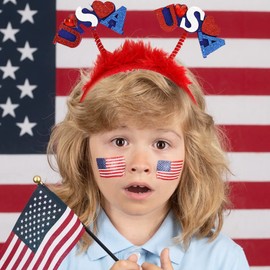 USA Head Boppers 4th of July Headband Independence Day Hair Hoop Patriotic Themed Party Headwear Hair Band Glitter Plush Hair Decorations July Fourth White Blue Red Hair Supplies Hair Accessories 1PCS