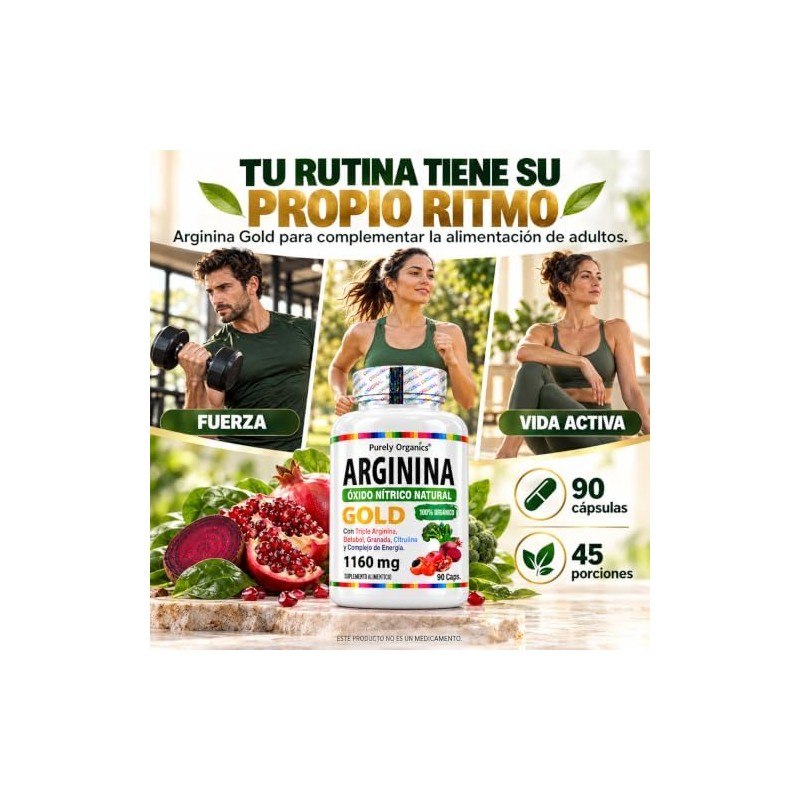 Purely Organics Arginina Gold, L-Arginina, Citrulina y Betabel, 90 Cápsulas