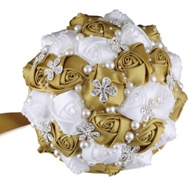 Dlgnoml Handmade Wedding Flowers Bridal Bouquets Crystal Bride Holding Bouquet White Ivory Satin Roses with Diamond Pearl Ribbon.(Gold)