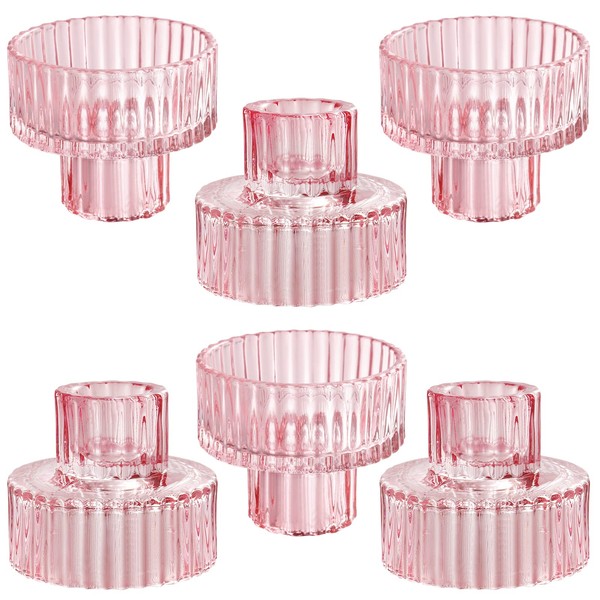 IYOUYA Pink Glass Candle Holders 6PCS for Pillar Candles, Taper