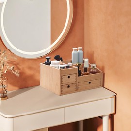 KIRIGEN Wood Makeup Organizer Storage Cabinet Tabletop Cosmetic Organizer Jewelry Storage Box 8 Compartment Makeup Display Case with 3 Drawers Natural(HZG-NA)