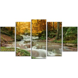 Designart Forest Waterfall with Yellow Trees Landscape Artwork Canvas Print, 60x32-5 Panels Diamond Shape