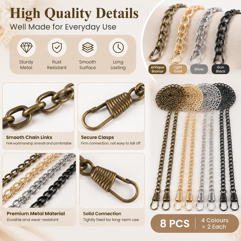 8Pcs Handbag Chain Strap 120cm, Shoulder/Handbag Chain, Bag Chain for