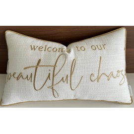 MANOJAVAYA Embroidered Beautiful Chaos Quote Decorative Lumbar Accent Throw Pillow Cover - Decor for Living Room, Sofa, Chair, Patio, Car, Bench, Porch, Office, Bedroom - 12x20 Inches, Ivory-Beige