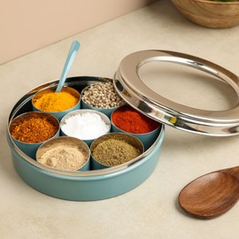 dudki Homes Stainless Steel Masala Dabba Masaladani | Spice Box For Kitchen | Masala Dani With See Through Lid With 7 Containers And A Small Spoon- Moss-Green, Blue-Green