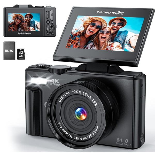 4K Digital Camera for Photography, WiFi 64MP UHD Vlogging Camera