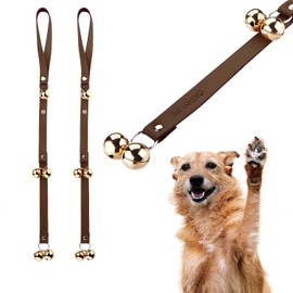 CATHYLIFE Leather Dog Doorbells for Door Knob/Potty Training/Go Outside, Length Adjustment Copper Dog Bell, Housetraining Hanging Bell, Dark Brown Leather Golden Bells - 2 Pack