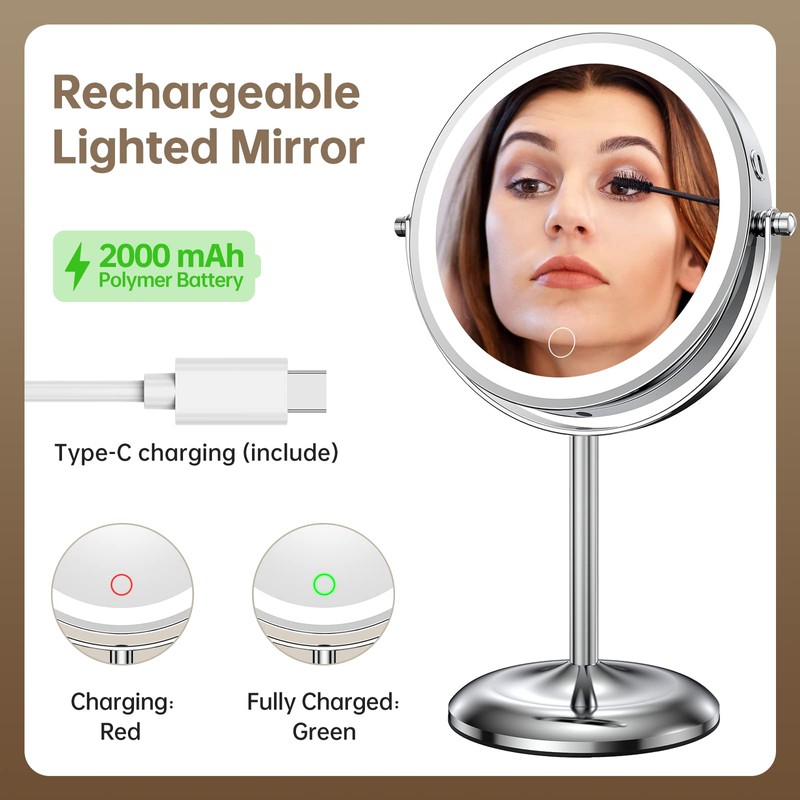 Gospire 7" Lighted Makeup Mirror with Magnification 10X/1X, Rechargeable Cordless