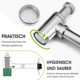 Designer Siphon Chrome Syphon for Washbasins and Washbasins, Bottle Siphon 1 1/4 x 32 mm, Height-Adjustable Immersion Pipe, Universal Odour Trap with Cleaning Hole, Rubber Sleeve
