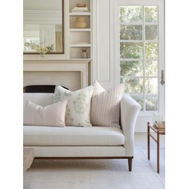 Crumbs Home Modern Farmhouse Fall Linen Indoor Outdoor Throw Pillow Cover Only, 22"x22" Water Repellent for Patio, Backyard, Couch, Neutral Beige Embroidered Stripes