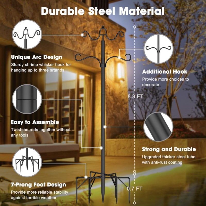 Arrinew String Light Poles 9 FT Metal Poles with Hook