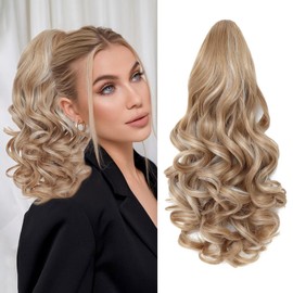 Wirctp Ponytail Extension,16" Claw Clip in Ponytail Extensions Long Curly Ponytail Hairpiece for Women Fluffy Natural Synthetic Pony Tails for Daily Use(Dark Blonde with White Blonde Highlights)