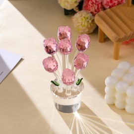 Arikyrist K9 Crystal Pink Rose Flower Bouquet Collectible Gifts for Women Wife for Valentine's Day, Glass Floral Figurine Decoration Gifts for Friends on Birthday Christmas