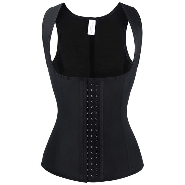 [Charmian] Women's Steel Boned Latex 3 Row Hook Underbust Sports Workout Waist Cincher Body Shaper Corset Vest, vest-black