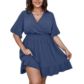 SCOMCHIC Womens Plus Size Summer Smocked Dress Short Flutter Sleeve V Neck Swiss Dot Babydoll Ruffle Tiered Mini Dress Blue XL