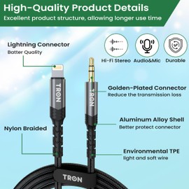 TRON Aux to Lightning Cable, 5 Feet, Braided, Black, TR65