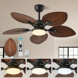 Tropical Ceiling Fan with Light & Remote - 42-Inch Palm Leaf Blades, Ultra Quiet DC Motor, 6 Speeds, Dimmable 3-Color LED, Reversible for Indoor/Outdoor