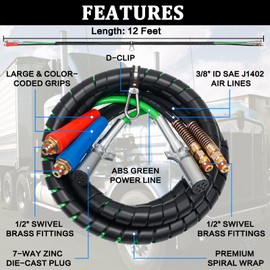 YiaChuii 12ft 3 in 1 ABS & Power Air Line Hose with Glad Hands & 4 Glad Hand Seals for Tractor Trailer Semi Truck
