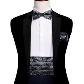 Barry.Wang Cummerbund Bow Tie Set for Men, Silk Cummerbund Pretied Bow Tie Pocket Square Cufflinks