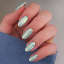 Spring Chrome Mint Green False Nails Short, SXVME Chrome Press On Nails Short Oval, Glazed Gel Fake Nails Press on, Cute Glitter Acrylic Nails Short Almond, Natural Stick on Nails for Women Nail Art