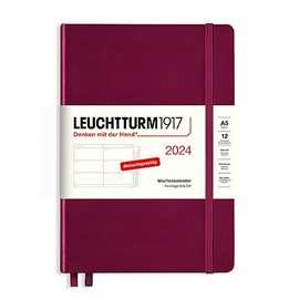 LEUCHTTURM1917 367613 Weekly Planner Medium (A5) 2024 with Extra Book for Addresses and Anniversaries, Port Red, German, 12 Months