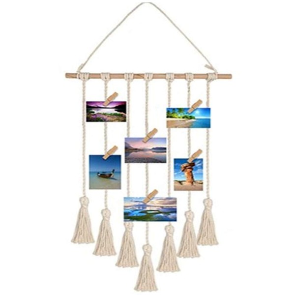 Hanging Photo Display Macrame Wall Collage Picture Frame Boho Home Decor Organizer with 25 Wood Clips for Bedroom, Living Room, DIY Art Beige