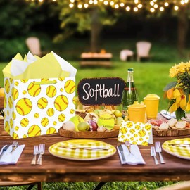 Jiaoiudi Softball Birthday Gift Bag with Tissue Paper Softball Birthday Gift Wrap Bag