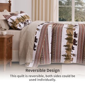 PPOLCA Cabin King Quilt Bedding Set, Christmas Lightweight Reversible Rustic Bear Bedspread Coverlet, 3-Piece Lodge Bed Cover Quilt with 2 Pillow Shams for All Season, Brown