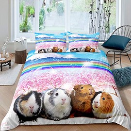 Guinea Pig Bedding Set for Girls Boys Children Cute Cavy Lovely Pet Comforter Cover Rainbow Mountain Landscape Duvet Cover Room Decor Cherry Tree Bedspread Cover Single Size Bedding Collection 2Pcs