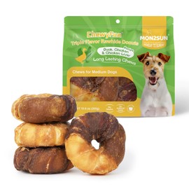 MON2SUN Dog Treats, 3-3.5 Inch Triple Flavor Wrapped Rawhide Donuts, 10.6oz