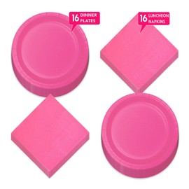 Live It Up! Party Supplies Solid Hot Pink Paper Dinner Plates and Luncheon Napkins (Serves 16)