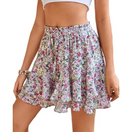 Beach Shorts for Women Summer Fashion Ruffles Skater Mini Skirts for Cruise Wear Floral Pink L