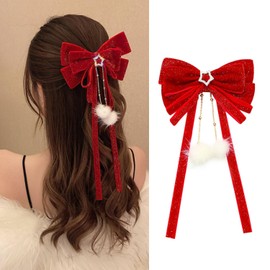 Christmas Hair Bow Clip Red Velvet Bowknot Hair Alligator Barrette with Sparkling Star Rhinestone Tassel Design Elegant Glitters Red Christmas Hair Clip for Women Girls New Year Hair Decorations