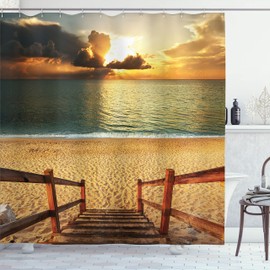 Ambesonne Playa Cortina de Baño, Horizonte Nube Dramática Puesta del Sol, Paño Conjunto de Decoración de Baño de Tela y Ganchos, 84" Extra Alta, Crema Azul Naranja