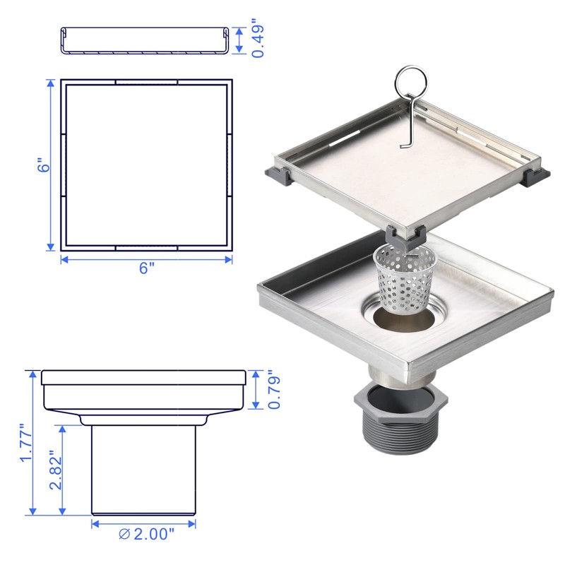 Square Shower Drain with Removable Tile Insert Grate, 8-Inch, Brushed