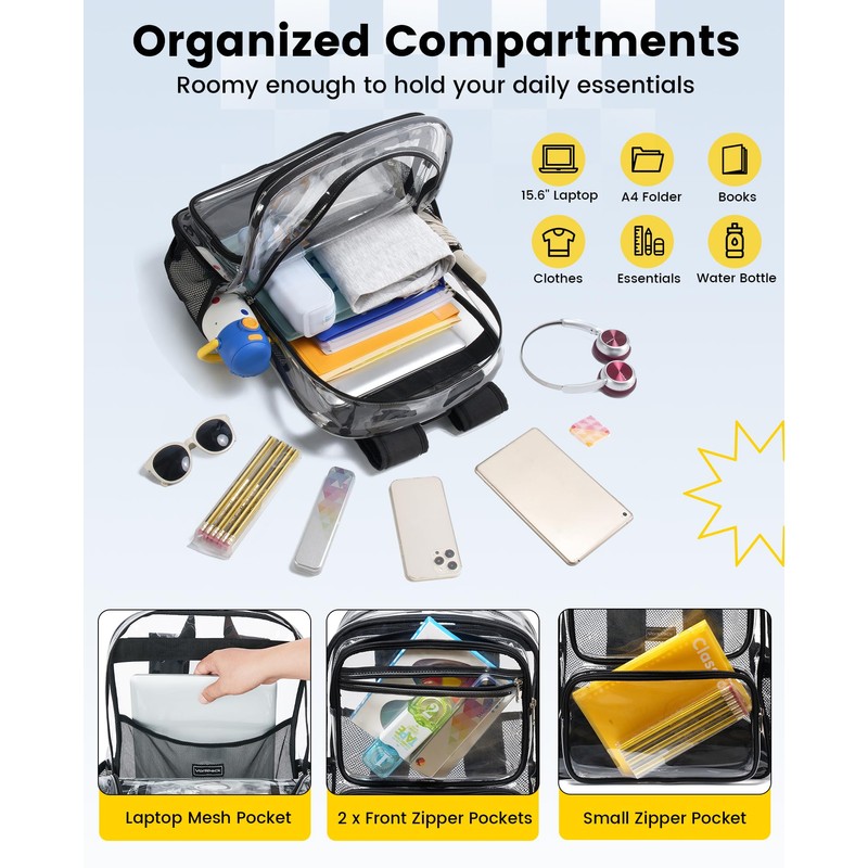 Vorspack Clear Backpack with TSA Lock, Large Clear Bookbag, Black
